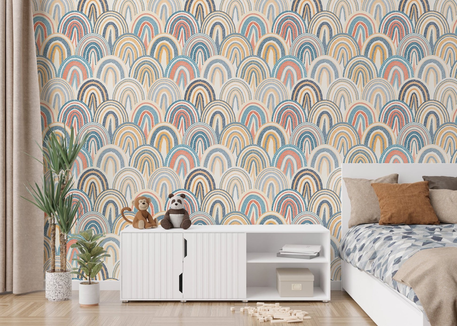 Kids bedroom featuring Bohemian Patchwork Pattern Polka Dots Style Wallpaper.