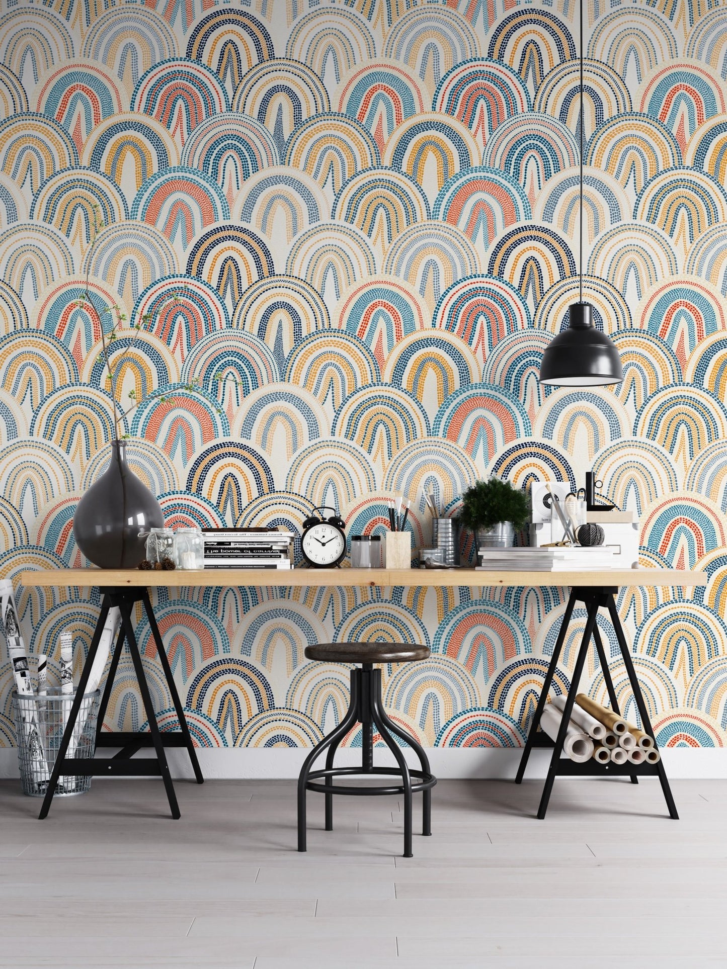 Minimalist home office featuring Bohemian Patchwork Pattern Polka Dots Style Wallpaper.