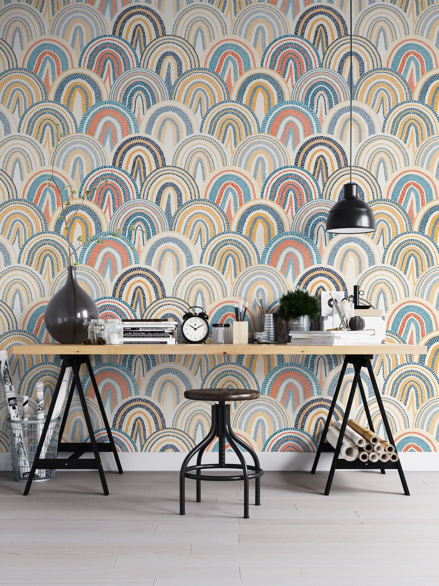 Minimalist home office featuring Bohemian Patchwork Pattern Polka Dots Style Wallpaper.