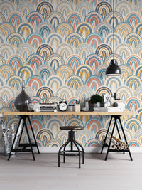 Minimalist home office featuring Bohemian Patchwork Pattern Polka Dots Style Wallpaper.