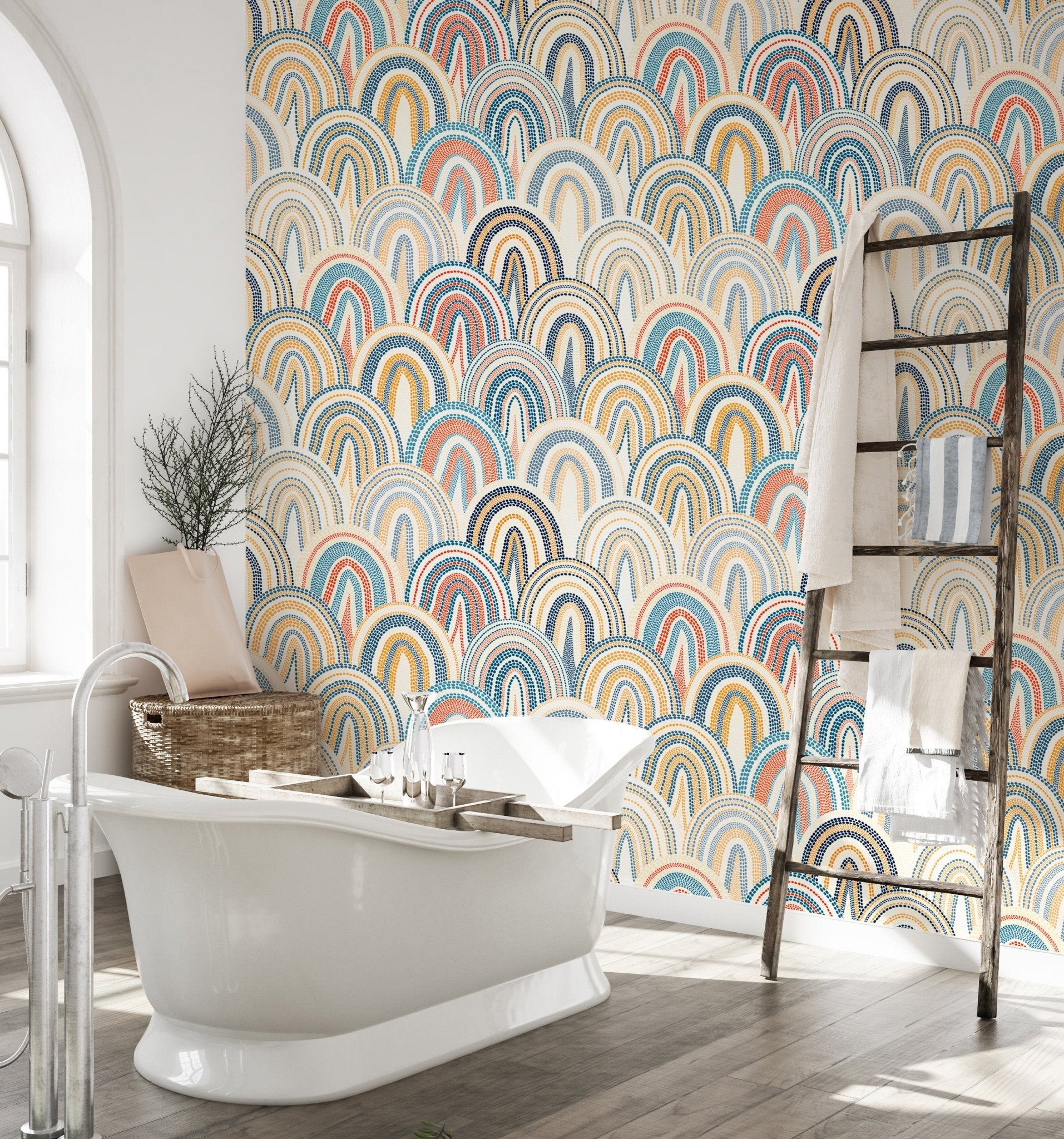 Bathroom wallpaper with waterproof scallop pattern behind a white bathtub.