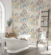 Bathroom wallpaper with waterproof scallop pattern behind a white bathtub.