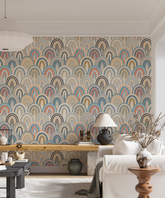 Bohemian Patchwork Pattern Polka Dots Style Wallpaper in a modern living room.