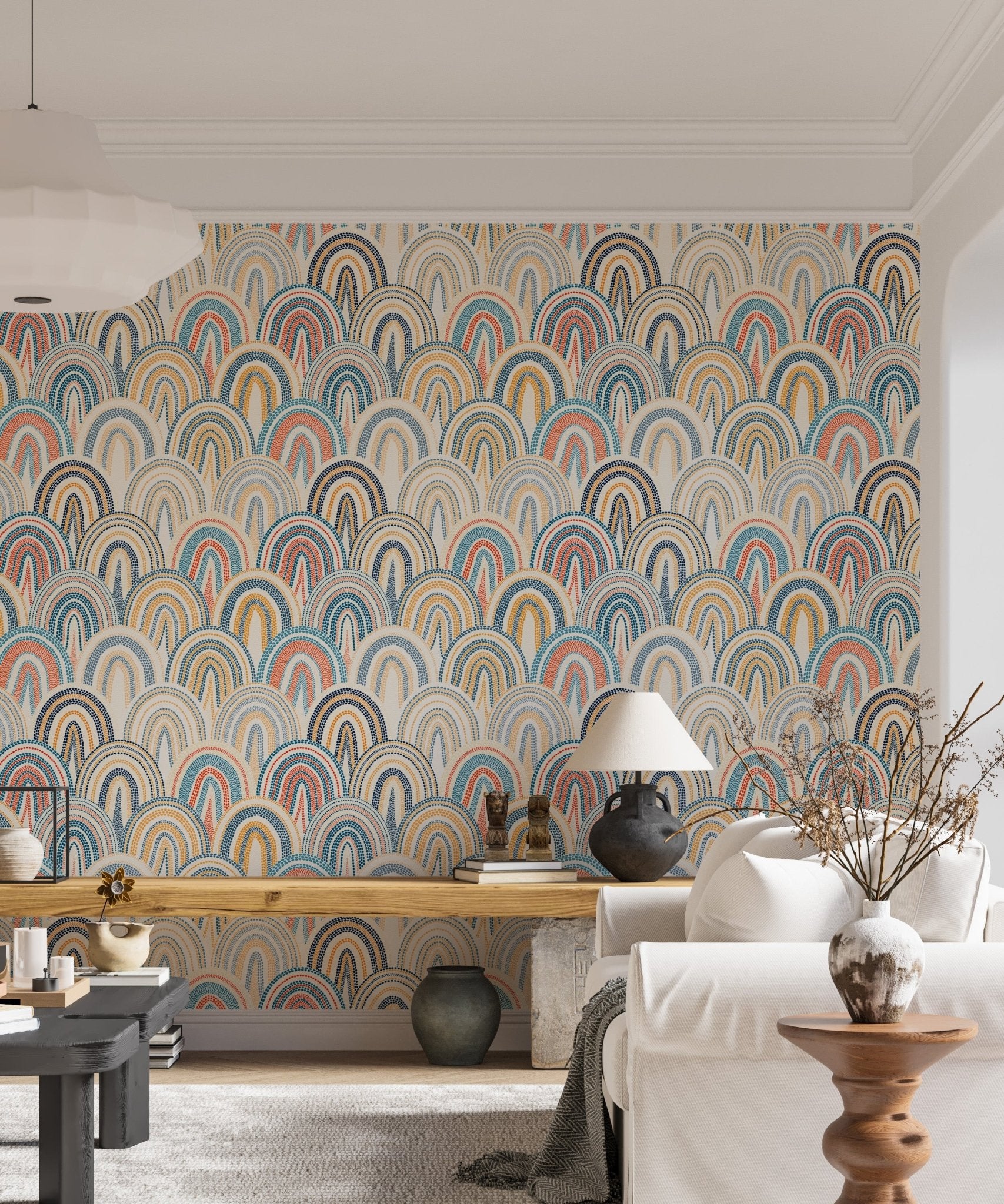 Bohemian Patchwork Pattern Polka Dots Style Wallpaper in a modern living room.