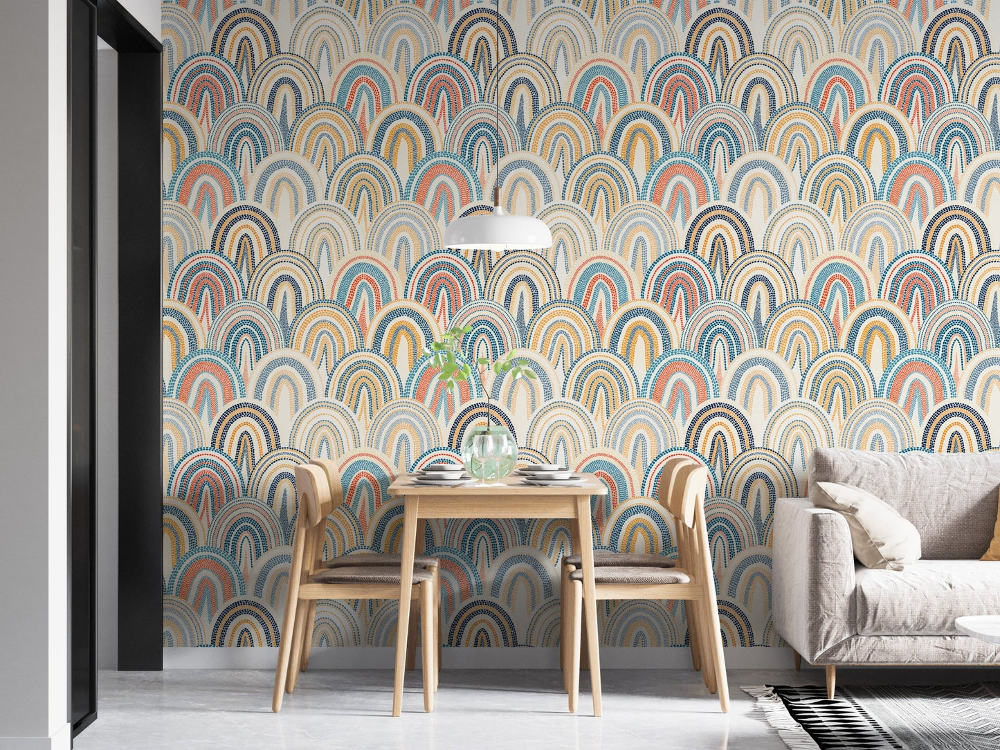 Pastel earth tone polka dots style wallpaper in an open dining area apartment.