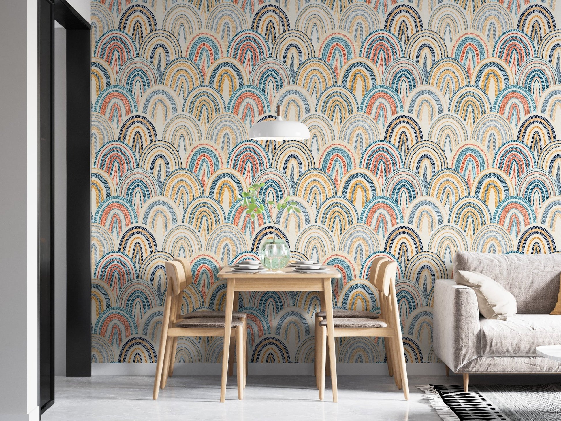 Pastel earth tone polka dots style wallpaper in an open dining area apartment.