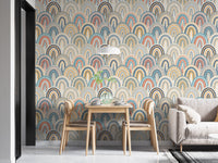 Pastel earth tone polka dots style wallpaper in an open dining area apartment.