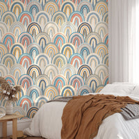 Bedroom feature wall with Bohemian Patchwork Pattern Polka Dots Style Wallpaper.