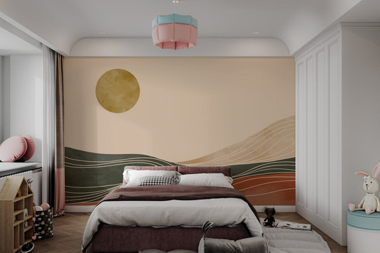 Minimalist landscape wall mural in terracotta, green, and beige tones.