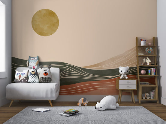 Earthy sun and mountain illustration for a modern style wallpaper.