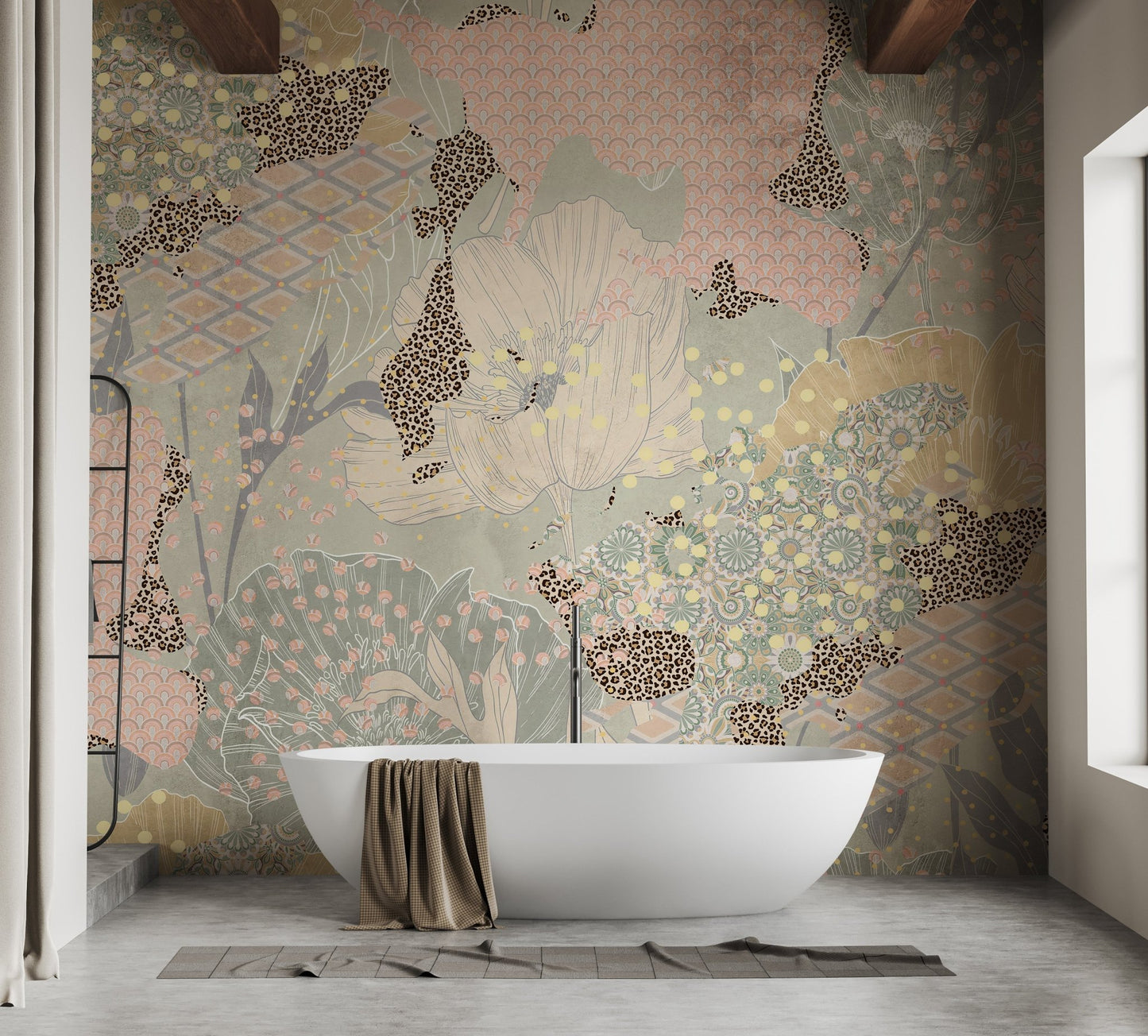 Minimalist bathroom with a standalone tub and a waterproof-style boho wall mural.