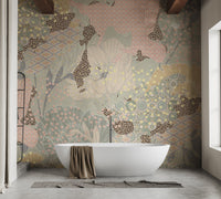 Minimalist bathroom with a standalone tub and a waterproof-style boho wall mural.