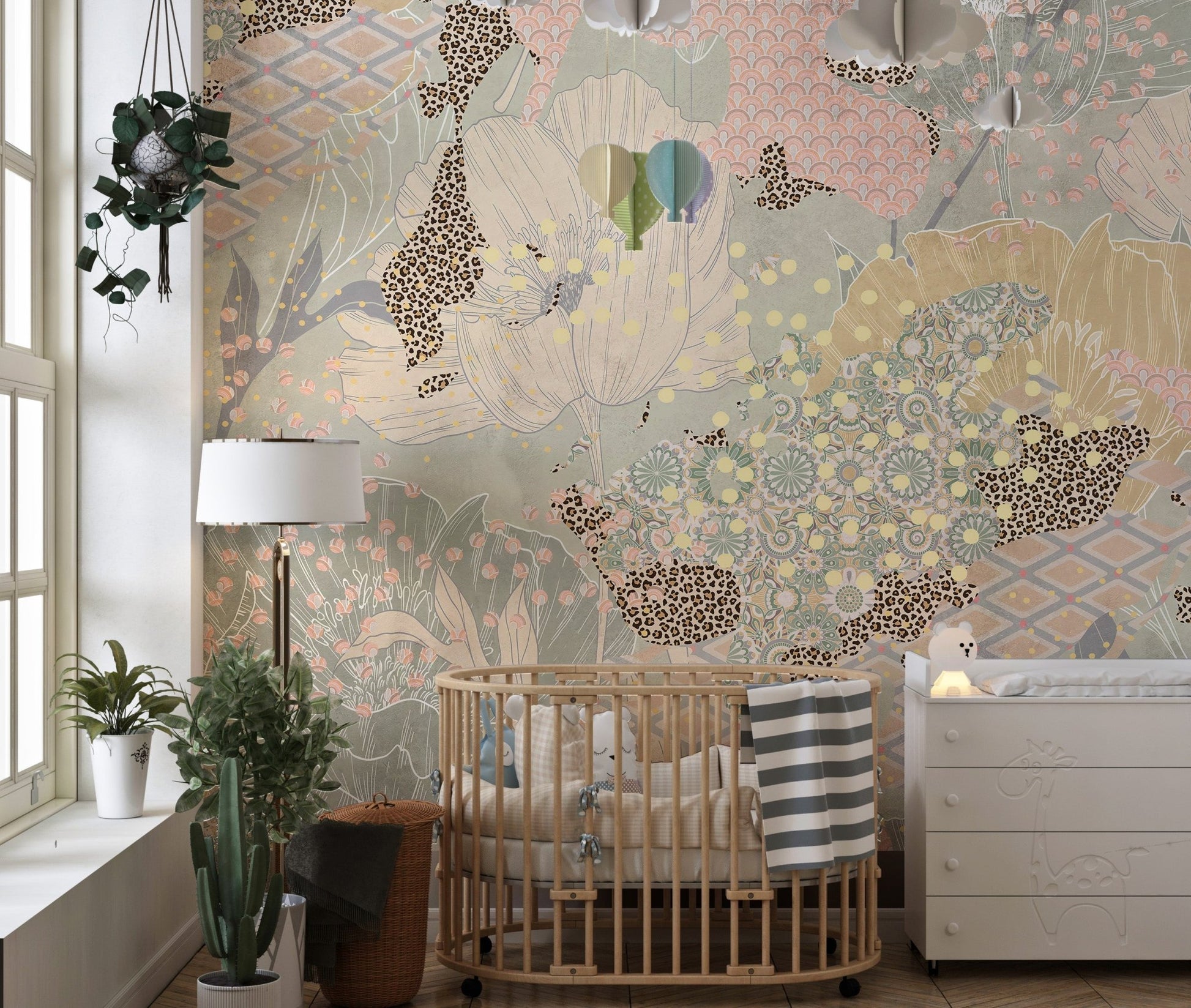 Nursery wall decor with a soft pastel peach and grey artistic wall mural.