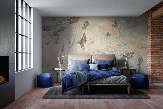 Boho artistic wall mural featuring pink and tan abstract shapes in a bedroom.