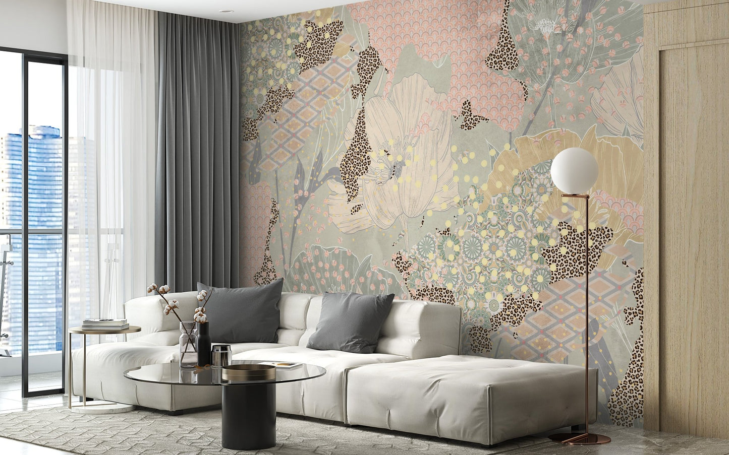 Open plan living space with a large-scale beige and pink boho wall mural.
