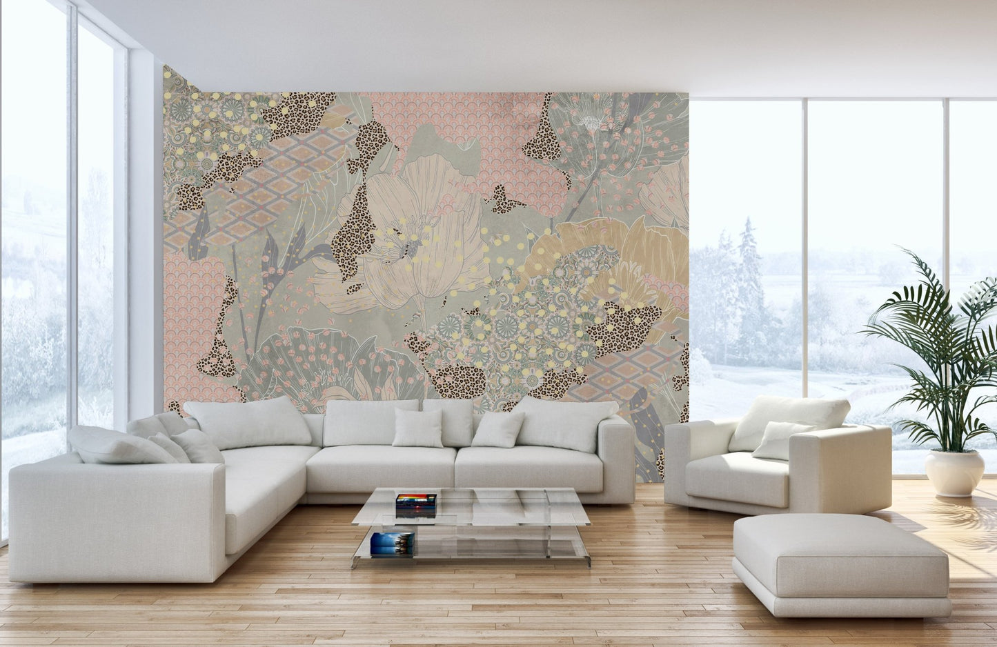 Large living area with a textured cream and boho wall mural behind a white sofa.