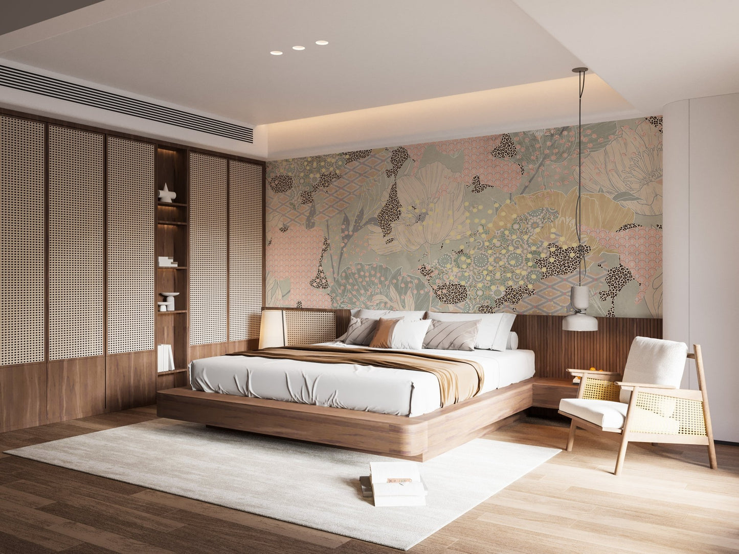 Master bedroom with a floor-to-ceiling boho artistic wall mural in neutral earth tones.