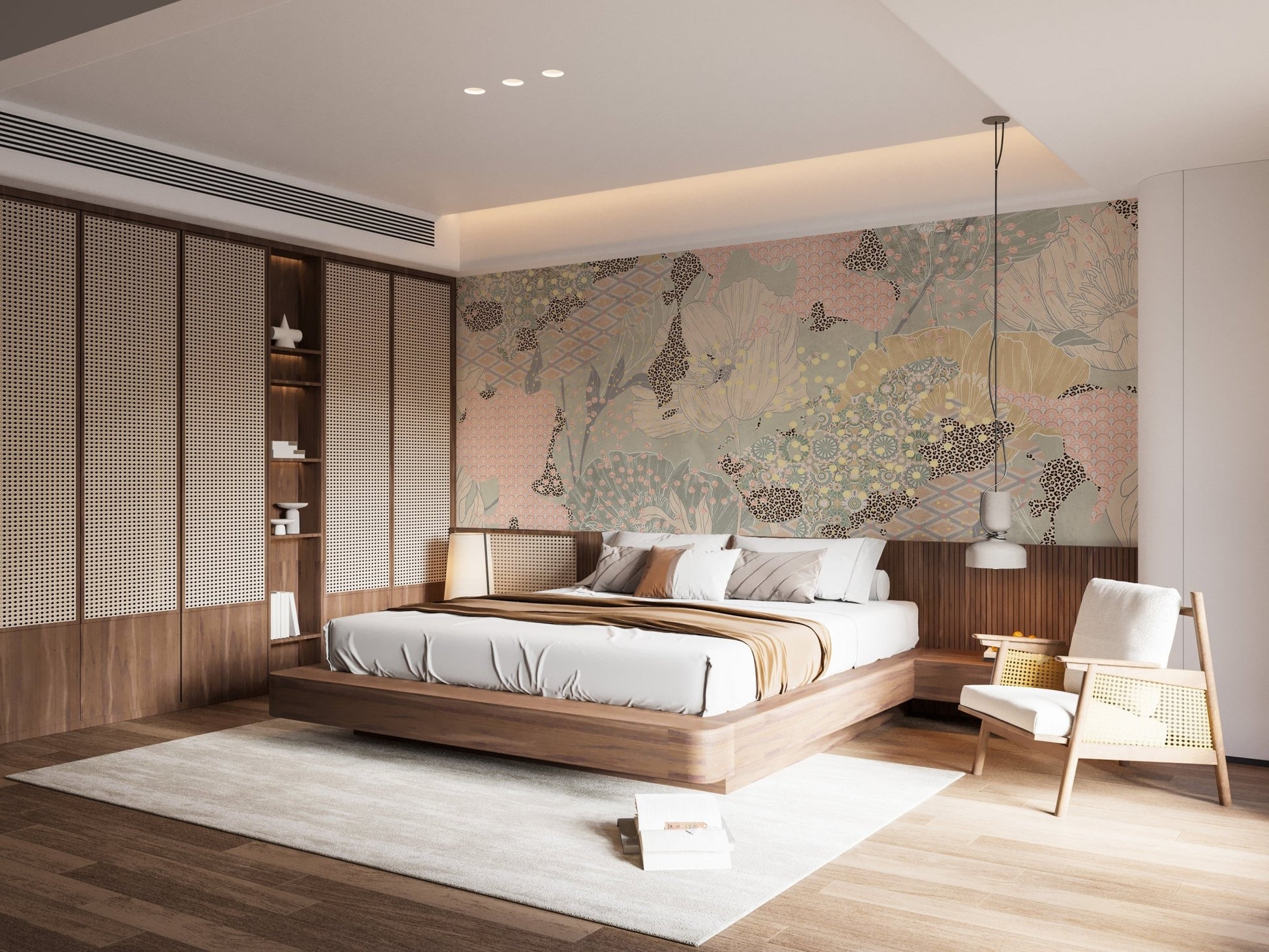 Master bedroom with a floor-to-ceiling boho artistic wall mural in neutral earth tones.