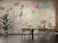 Dining room setting with a wooden table against a botanical boho wall mural.