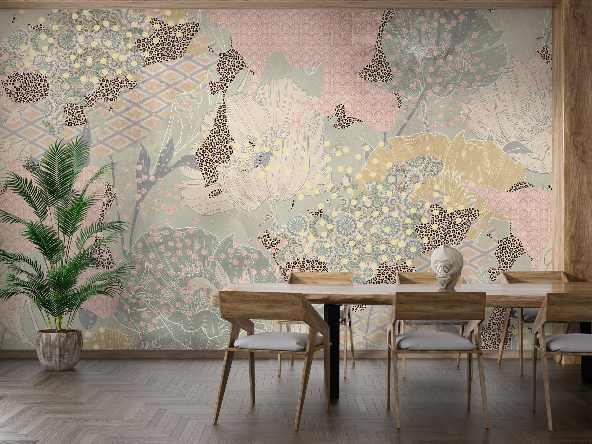 Dining room setting with a wooden table against a botanical boho wall mural.