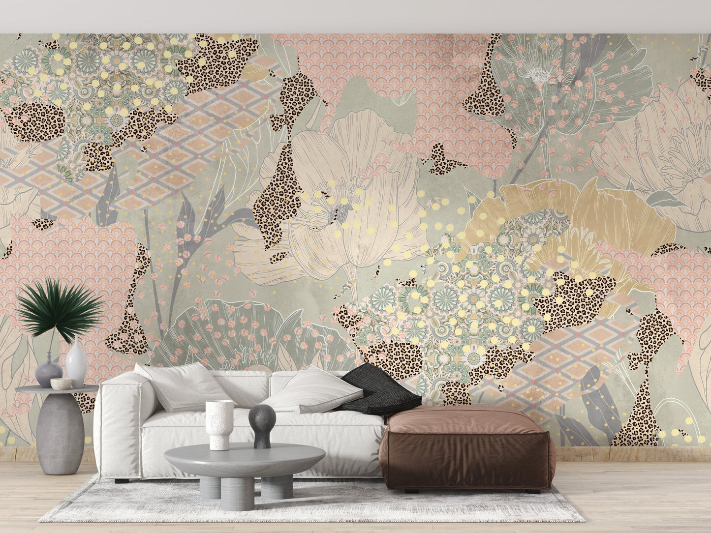 Modern living room featuring a grey and gold-flecked boho artistic wall mural.