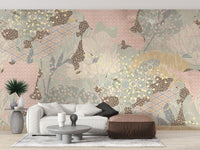 Modern living room featuring a grey and gold-flecked boho artistic wall mural.