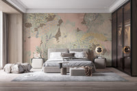 Sophisticated bedroom featuring a dark wardrobe and tan boho wall mural.