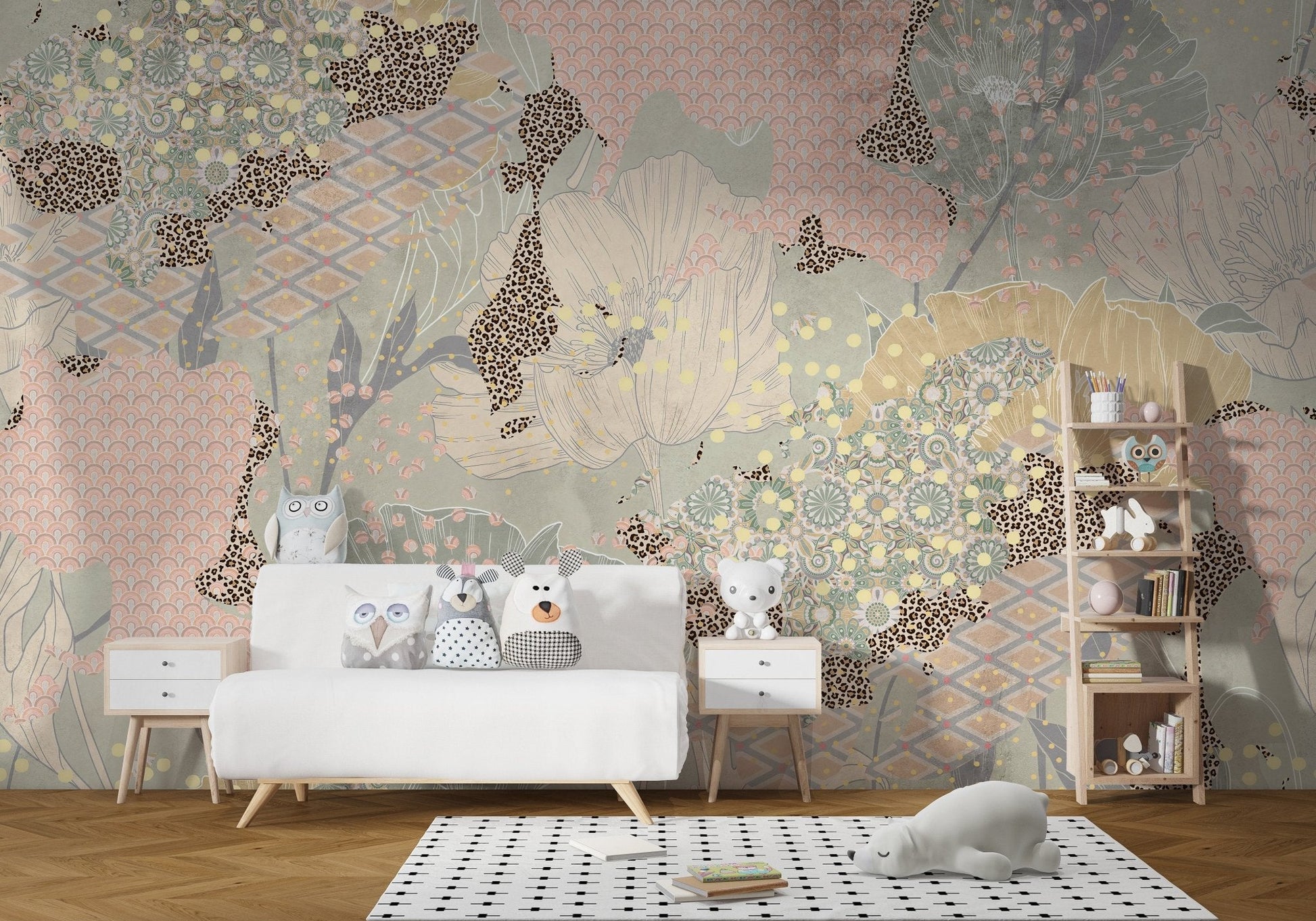 Kids play zone featuring a light-toned boho wall mural and white storage units.