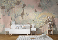 Kids play zone featuring a light-toned boho wall mural and white storage units.