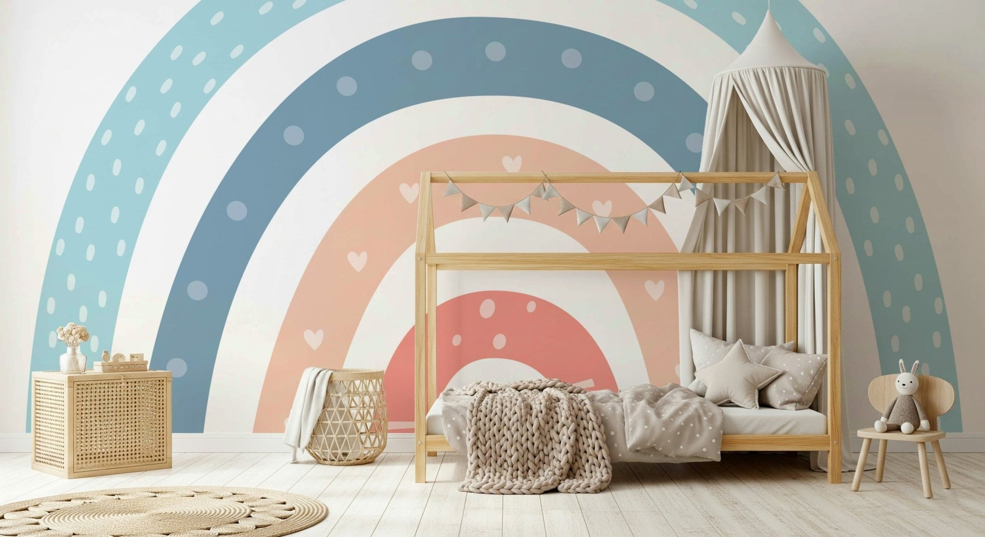 Boho Baby Rainbow Wall Mural with soft pastel arches.