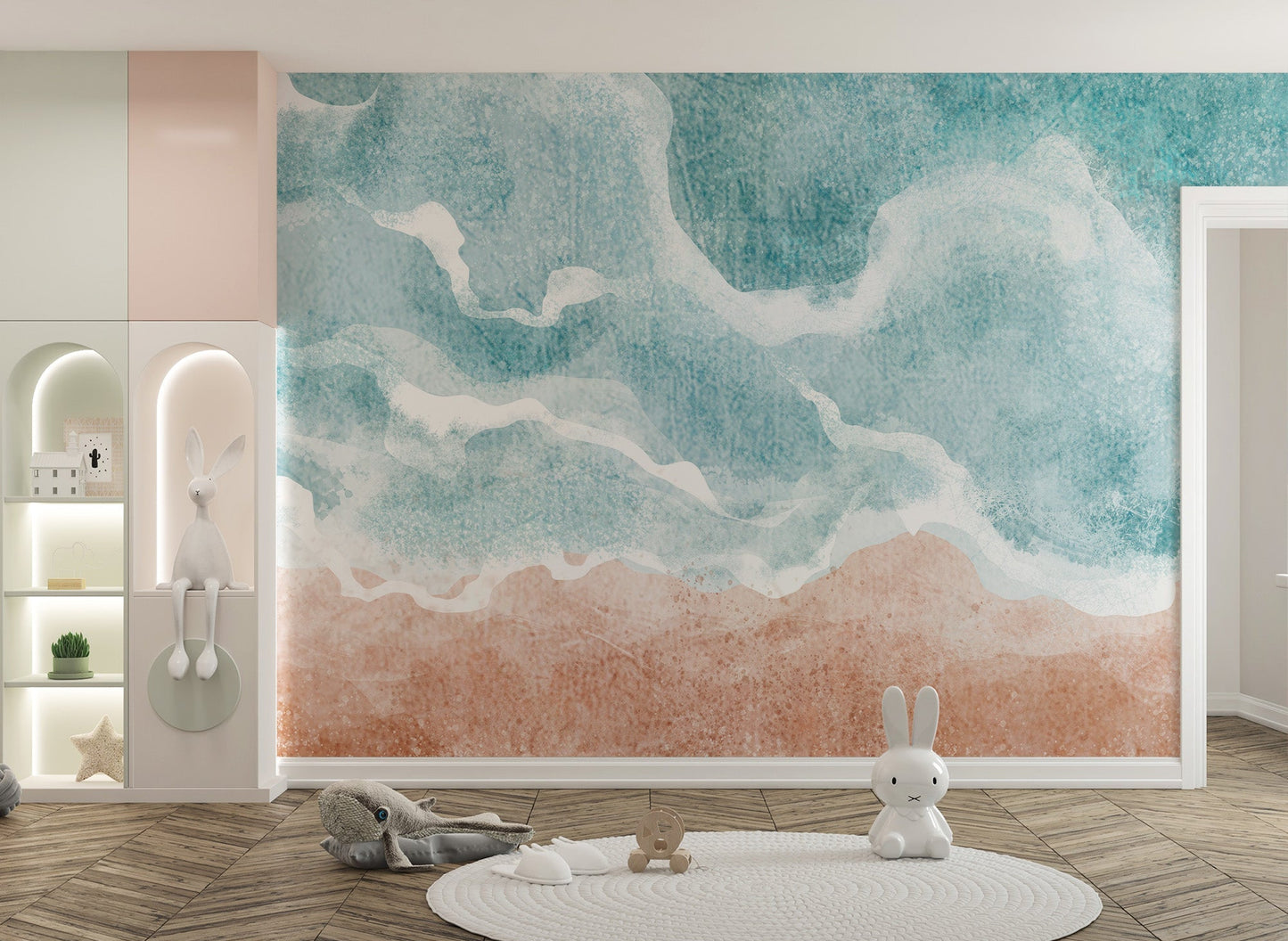 Boho beach wave wall mural with teal ocean and sandy wallpaper tones.