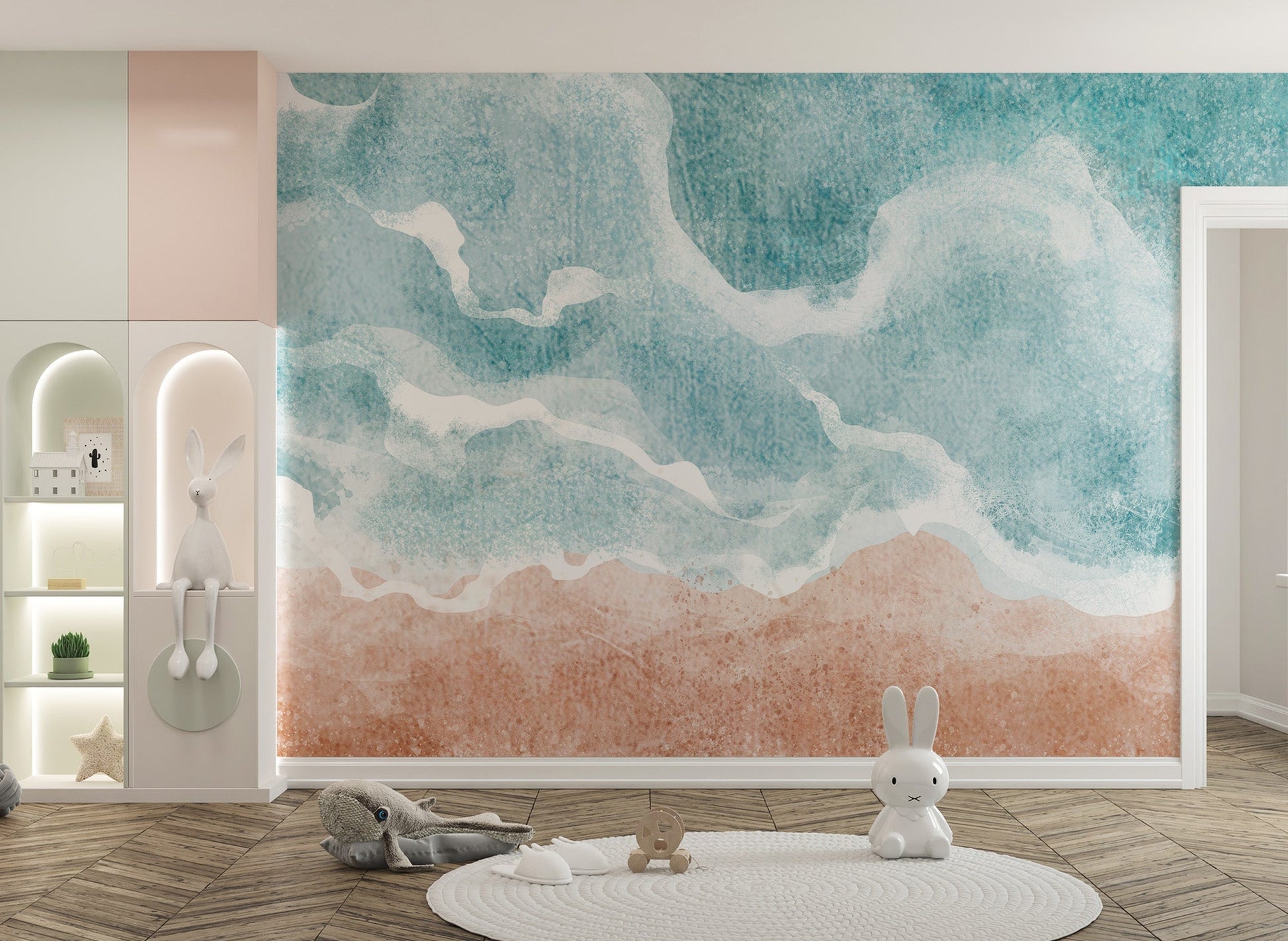 Boho beach wave wall mural with teal ocean and sandy wallpaper tones.