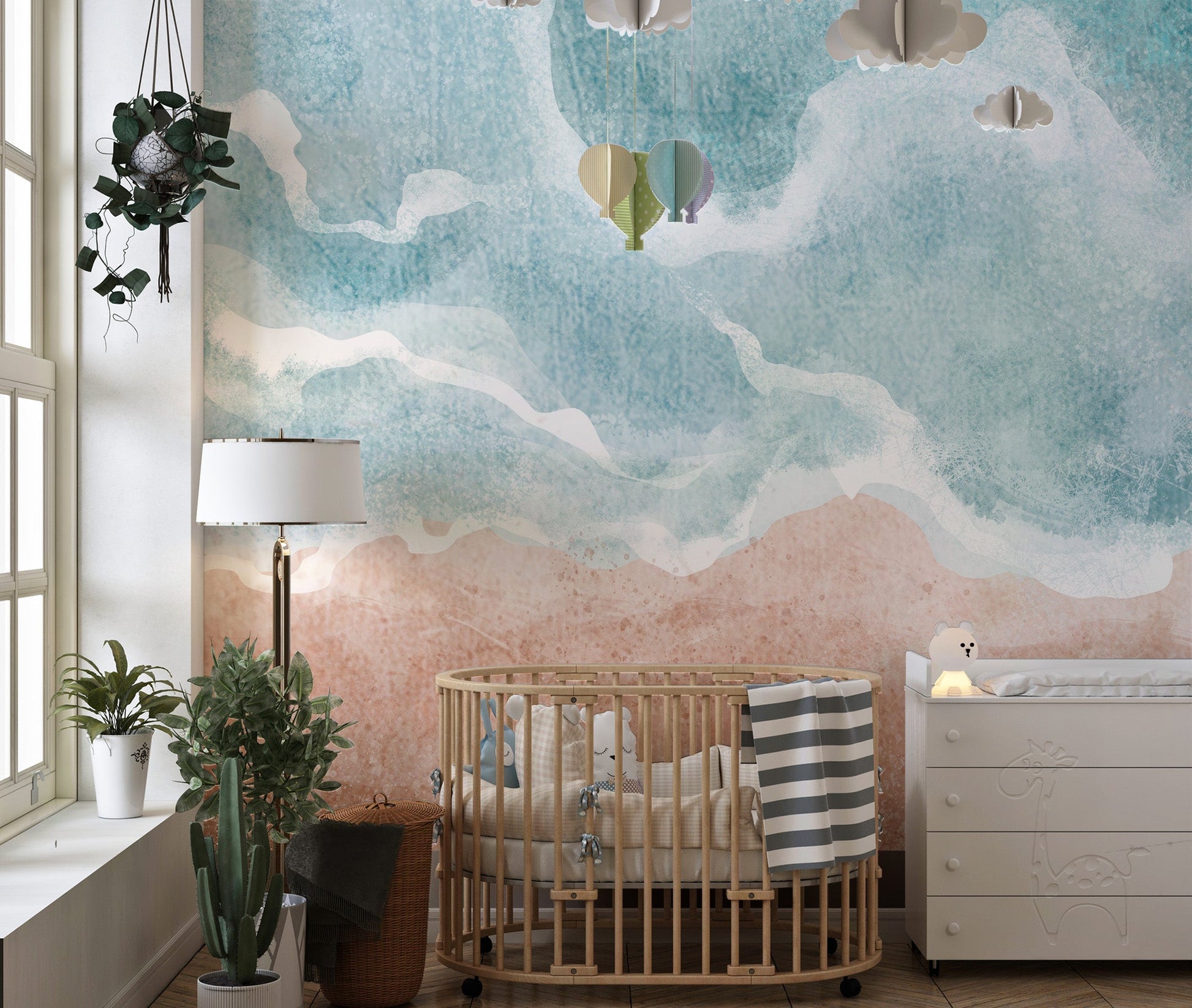 Contemporary beach wall mural with soft textured finish wallpaper.