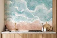 Abstract beach inspired wallpaper with seafoam and beige hues.