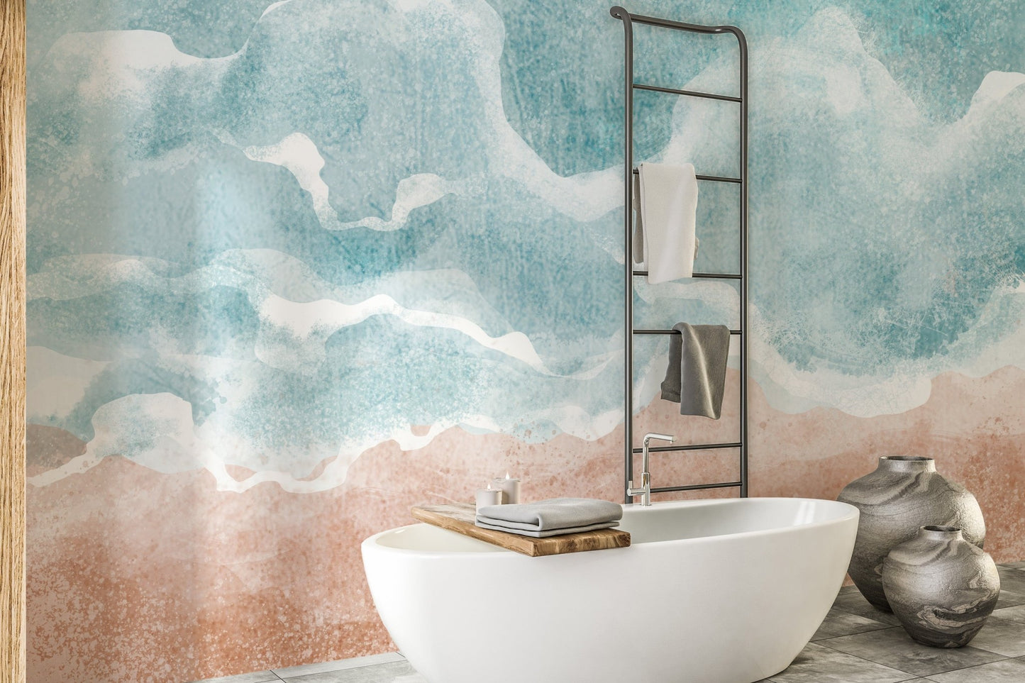 Bohemian seaside wallpaper featuring turquoise water layers.