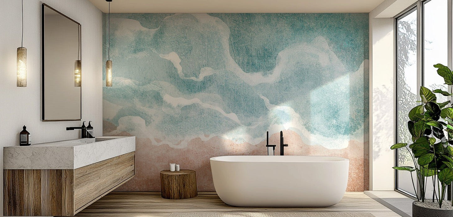 Minimal coastal wallpaper with flowing wave art detailing.