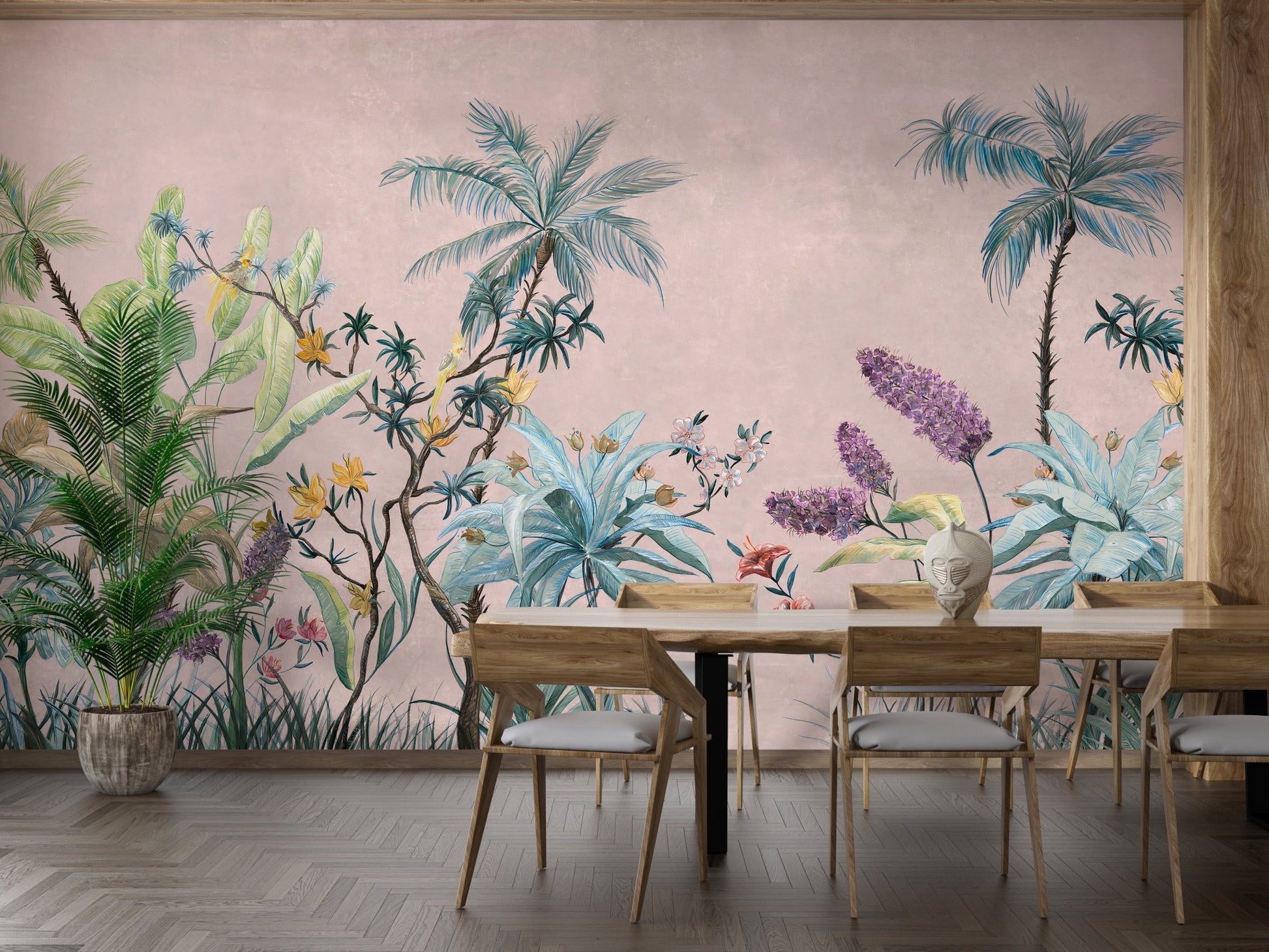 Dining room wall mural showing tropical boho flowers on a pink base.