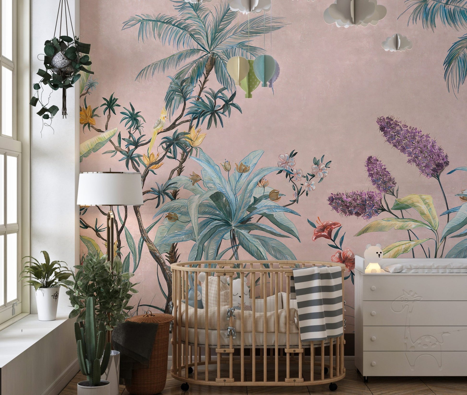 Nursery room decorated with Boho Flowers Wall Mural and a wooden crib.
