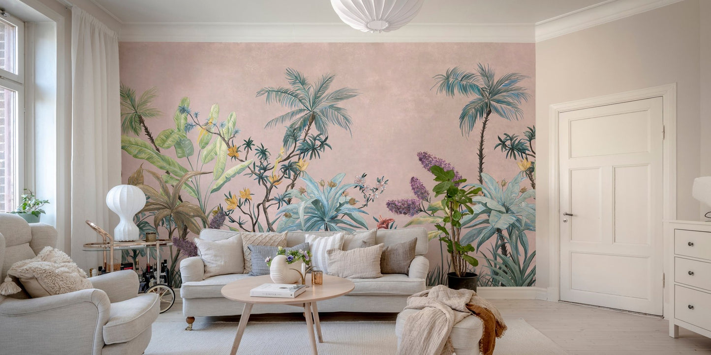 Artistic flower mural blending vintage  boho elements in living room.