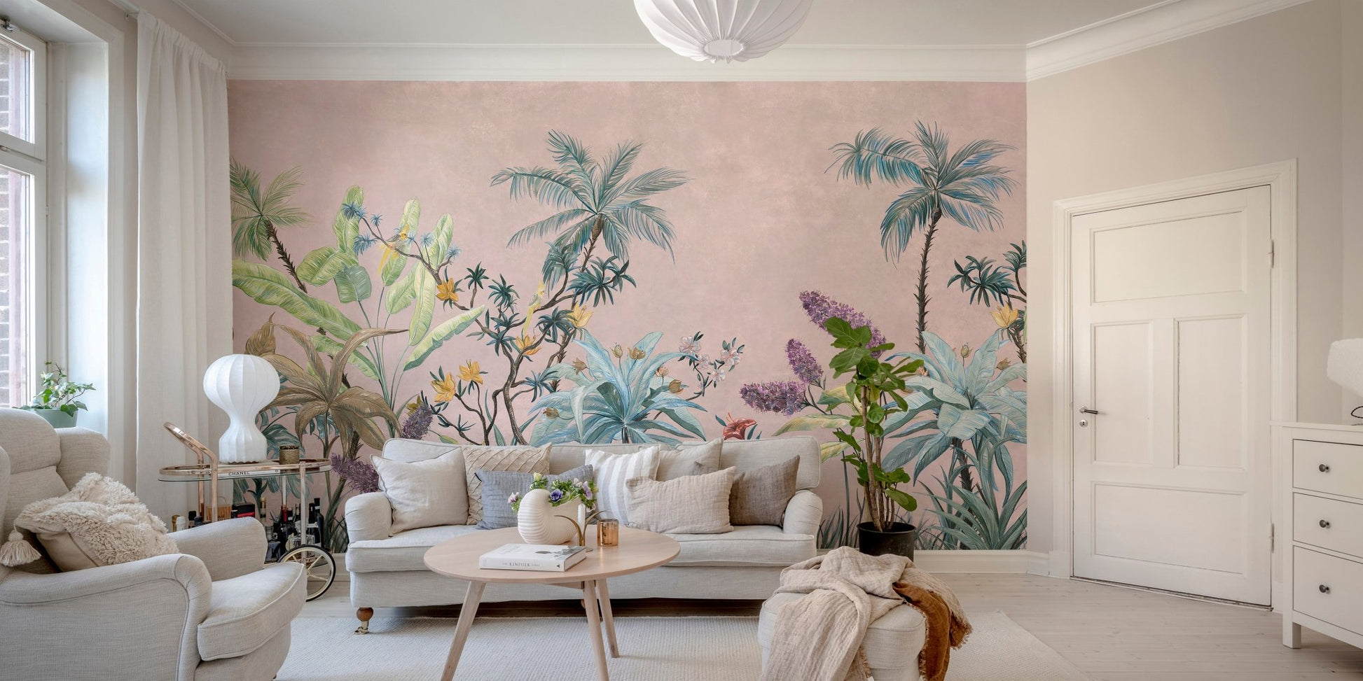 Artistic flower mural blending vintage  boho elements in living room.