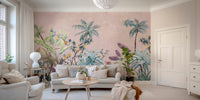 Artistic flower mural blending vintage  boho elements in living room.