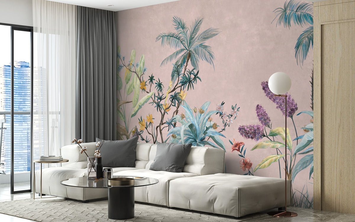 Open plan living space with large scale Boho Flowers Wall Mural.