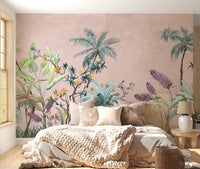 Bohemian-inspired floral pattern mural showcasing earthy tones in bedroom.