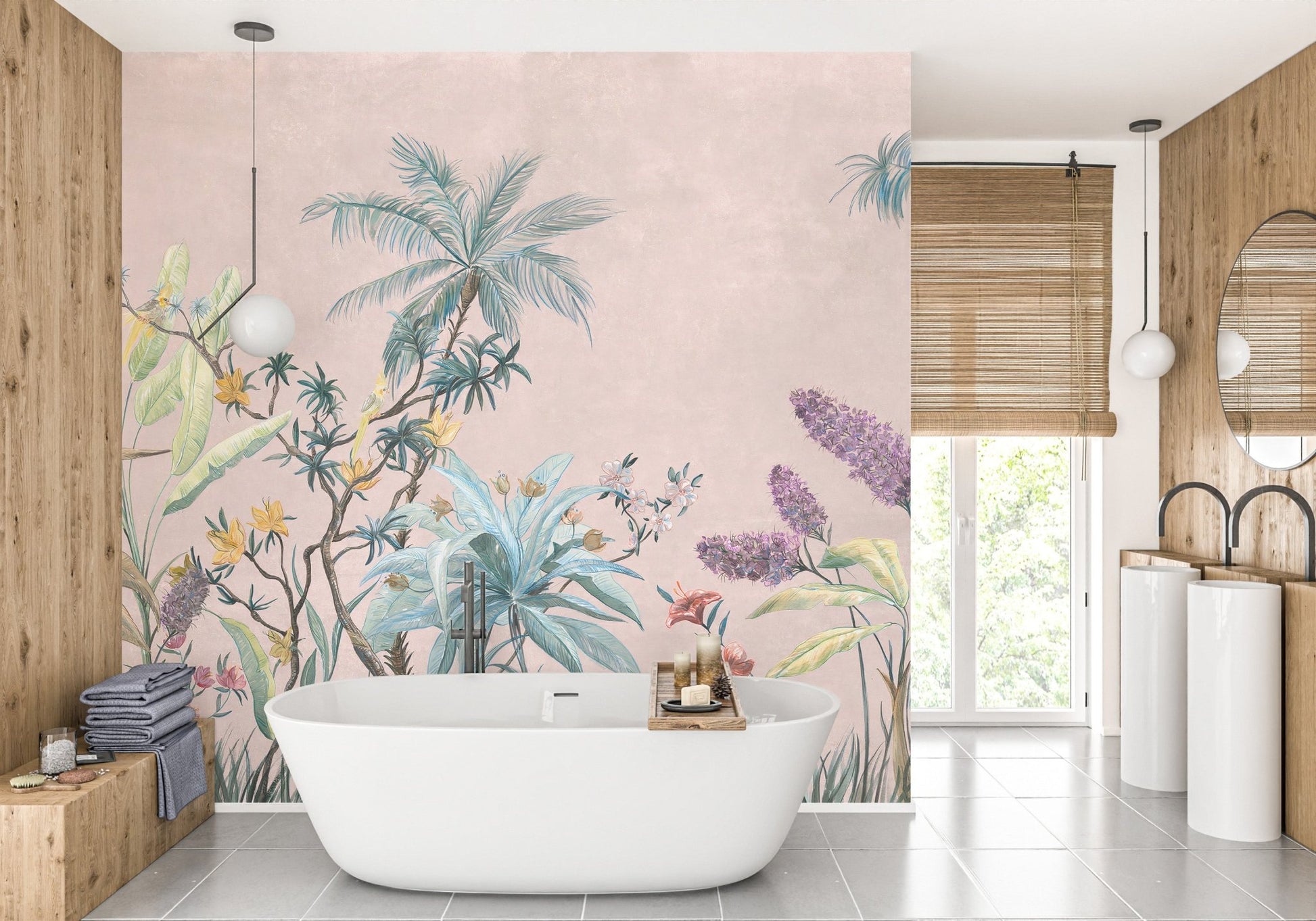 Modern bathroom featuring pink botanical flowers wall mural.