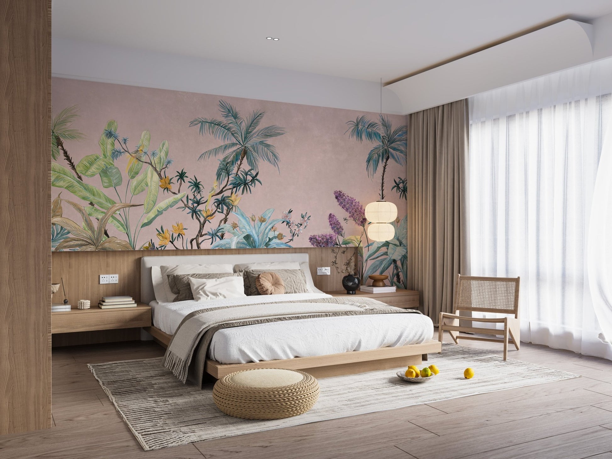 Master suite with Boho Flowers Wall Mural and neutral linen bedding.
