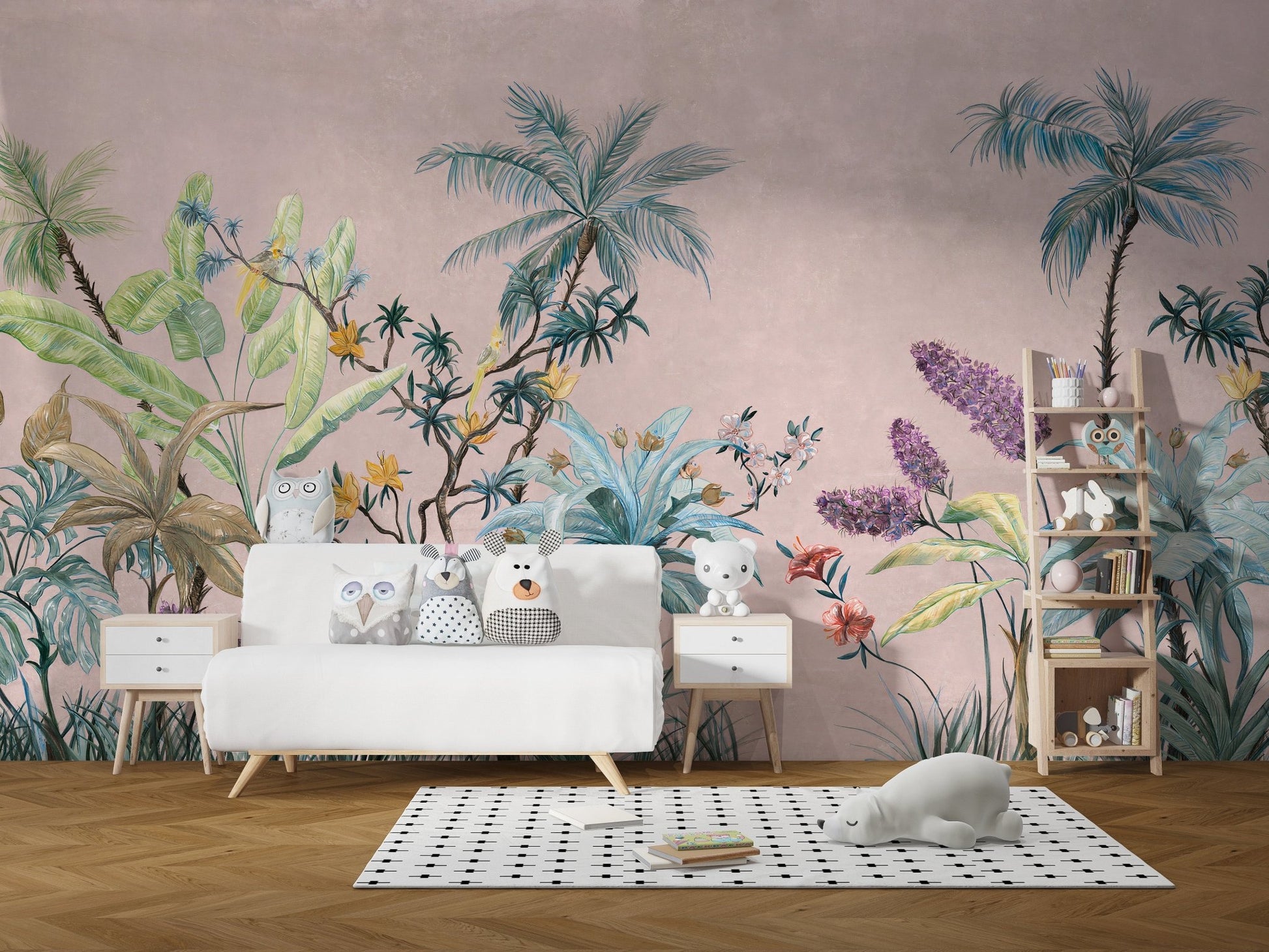Delicate hand-drawn flowers mural in relaxed bohemian style for kids room.