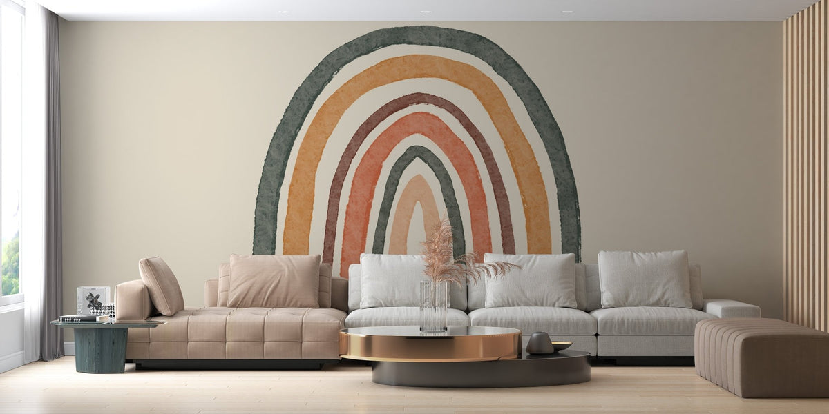 Boho rainbow mural for a delightful and cozy living room decor.
