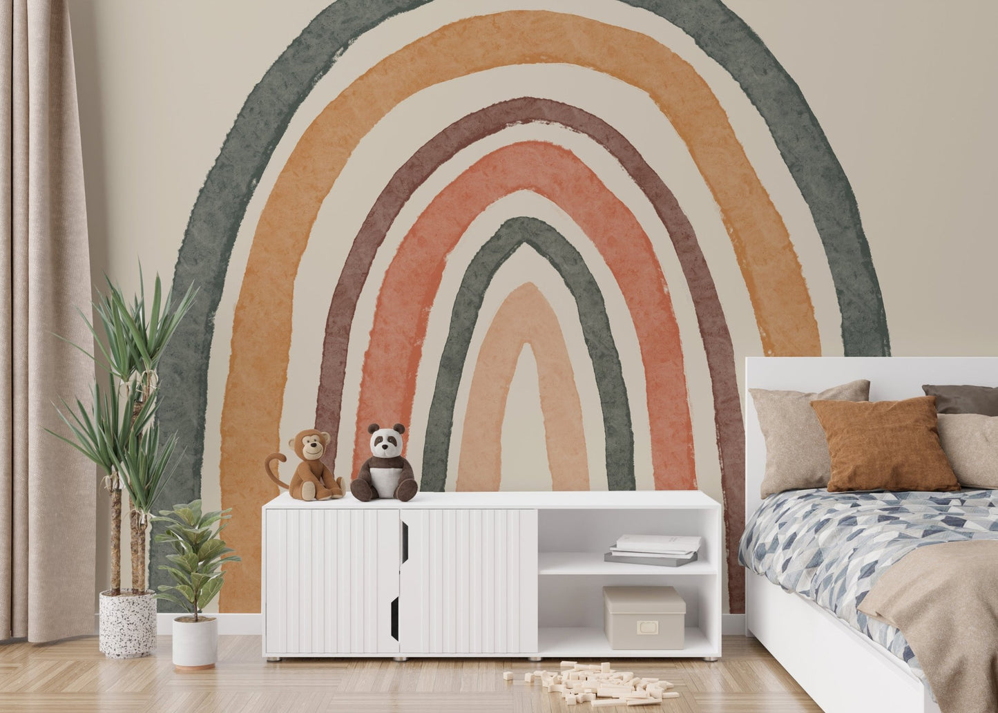 Whimsical rainbow mural with boho charm for kids bedroom walls.
