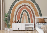 Whimsical rainbow mural with boho charm for kids bedroom walls.
