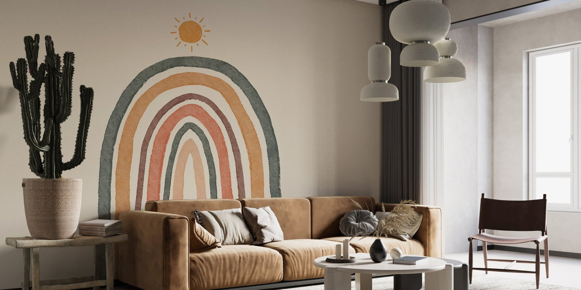 Delicate rainbow mural with boho vibes for living room spaces.
